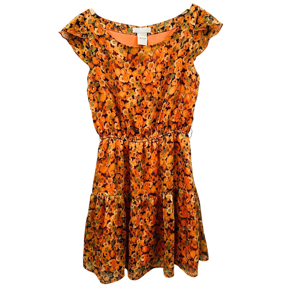 MM Couture by MISS ME Orange Floral Chiffon Tiered Dress Flutter Sleeve Spring-M